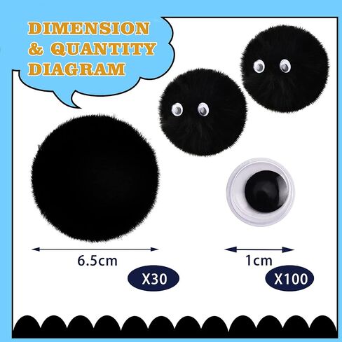 30 Pieces 2.6 Inch Black Pom Pom Balls Fluffy Craft Pom Poms Large Black Pom Poms Creative Crafts Decorations with 100 Pieces Plastic Self-adhesive Googly Eyes for DIY Craft Christmas Party Decoration in Saudi Arabia