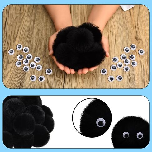 30 Pieces 2.6 Inch Black Pom Pom Balls Fluffy Craft Pom Poms Large Black Pom Poms Creative Crafts Decorations with 100 Pieces Plastic Self-adhesive Googly Eyes for DIY Craft Christmas Party Decoration in Saudi Arabia