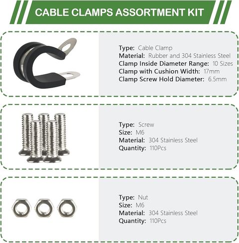 مجموعة متنوعة من مشابك الكابلات المكونة من 330 قطعة تتضمن 10 مشبك كابلات بأحجام، و304 مشابك خرطوم من الفولاذ المقاوم للصدأ لتركيب الأنابيب والأنابيب والأسلاك - 1/4 بوصة 5/16 بوصة 3/8 بوصة 1/2 بوصة 5/8 بوصة 3/4 بوصة 1 "1-1/4" 1-1/2" 1-3/4" in Kuwait