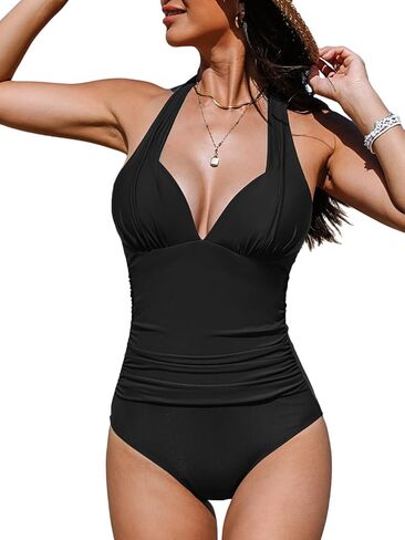 CUPSHE Women's One Piece Swimsuit Tummy Control Bathing Suit Halter Deep V Neck Sculpting Ruching Adjustable Straps in Saudi Arabia