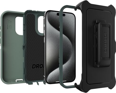 حافظة OtterBox iPhone 15 Pro (فقط) من سلسلة Defender - سوداء، بدون شاشة، متينة ومتينة، مع حماية للمنافذ، وتتضمن مسند بمشبك الحافظة in Kuwait
