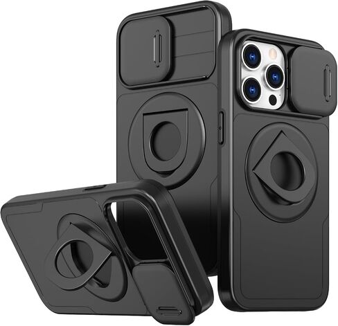 FEWGEY for iPhone 15 Pro Max Case with Slide Camera Cover & Kickstand, Military Grade Drop Protection, Rugged Hard Back & Silicone Edge Wallet Phone Case, 6.7" 2023, Black (Black, iPhone 15PM) in Saudi Arabia