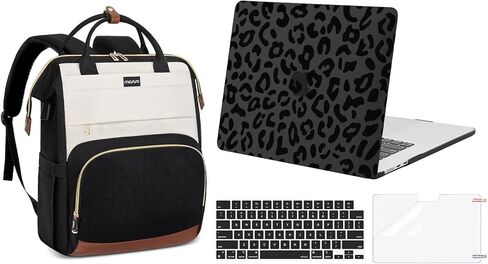 MOSISO 15.6 inch Laptop Backpack with USB Charging Port&Front Corduroy Pocket&Compatible with MacBook Air 15 inch Case 2025-2023, Leopard Grain Hard Case & Keyboard Cover & Screen Protector, Black in Saudi Arabia