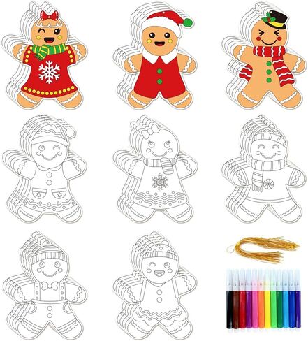 مجموعة تلوين رجل خبز الزنجبيل لعيد الميلاد 40 قطعة، زخارف فنية لتلوين ورق عيد الميلاد مع الحبال والأقلام الملونة لحفلات عيد الميلاد وأنشطة الفصل الدراسي المنزلي، وزخارف عيد الميلاد المعلقة in Kuwait