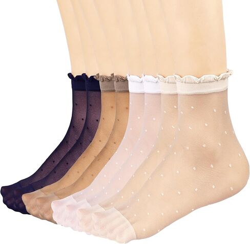 Mcool Mary 12 Pairs Women's Sheer Ruffle Socks Nude Stocking Summer Ultra Thin Cool See Through Silk Ankle Socks for Women in Saudi Arabia