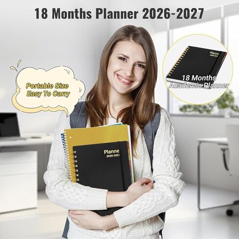 مخطط يومي 2026-2027، مخطط 18 شهرًا مع علامات تبويب، يناير 2026 - يونيو 2027 تقويم عام أكاديمي أسبوعي وشهري، إدارة الوقت الحلزوني، ورق سميك 100 جرام في المتر المربع، ربط بسلك مزدوج، مقاس A5، أسود in Saudi Arabia