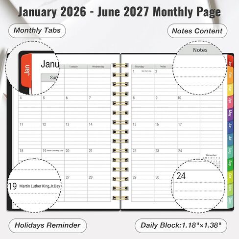 مخطط يومي 2026-2027، مخطط 18 شهرًا مع علامات تبويب، يناير 2026 - يونيو 2027 تقويم عام أكاديمي أسبوعي وشهري، إدارة الوقت الحلزوني، ورق سميك 100 جرام في المتر المربع، ربط بسلك مزدوج، مقاس A5، أسود in Saudi Arabia