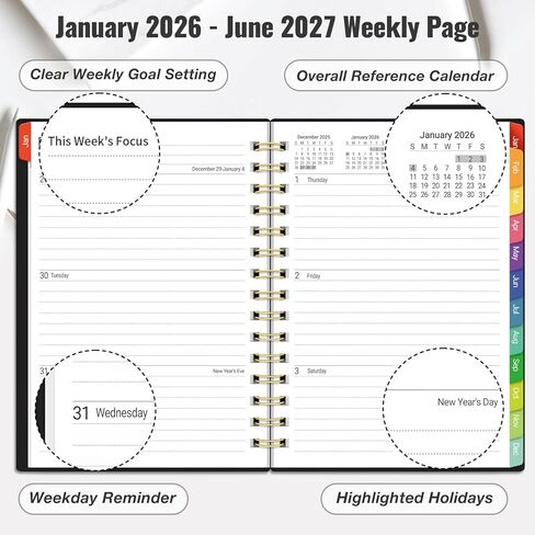 مخطط يومي 2026-2027، مخطط 18 شهرًا مع علامات تبويب، يناير 2026 - يونيو 2027 تقويم عام أكاديمي أسبوعي وشهري، إدارة الوقت الحلزوني، ورق سميك 100 جرام في المتر المربع، ربط بسلك مزدوج، مقاس A5، أسود in Saudi Arabia