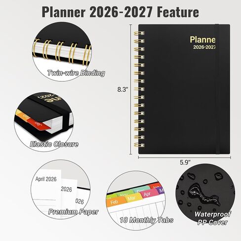 مخطط يومي 2026-2027، مخطط 18 شهرًا مع علامات تبويب، يناير 2026 - يونيو 2027 تقويم عام أكاديمي أسبوعي وشهري، إدارة الوقت الحلزوني، ورق سميك 100 جرام في المتر المربع، ربط بسلك مزدوج، مقاس A5، أسود in Saudi Arabia