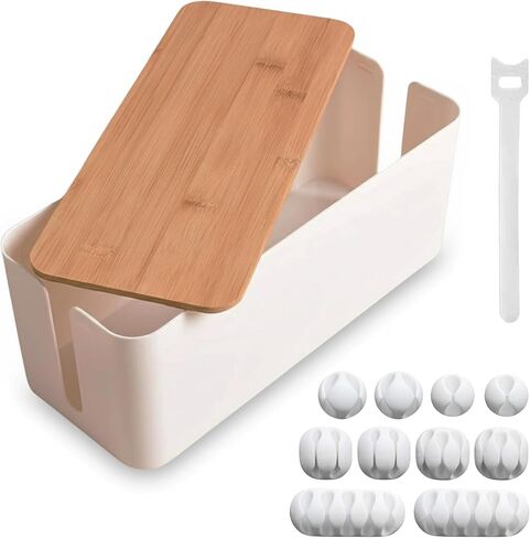 RICEXO Cable Management Box, 7 Holes, 12x5x4.5 inches, Wooden Lid Cable Organizer Box for Desk to Hide Power Strips, Tv Wires, ABS Material Cord Cover in Saudi Arabia