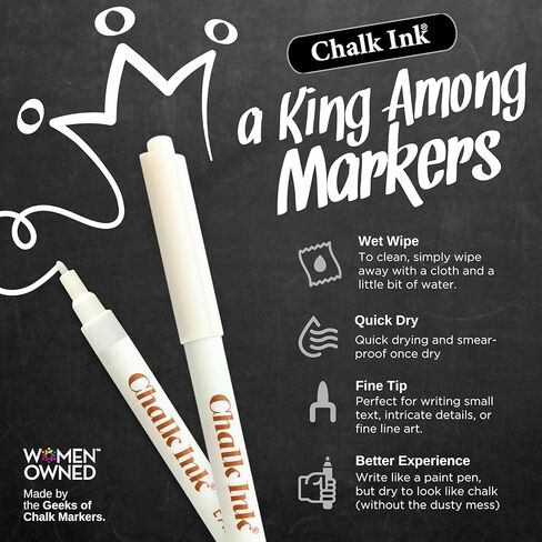 Chalk Ink White Chalk Pen - Professional Fine Tip Chalkboard Markers - Long Lasting Colors & Quick Dry - Wet Wipe Liquid Chalk Marker (Easy Writer, 1mm) in Kuwait