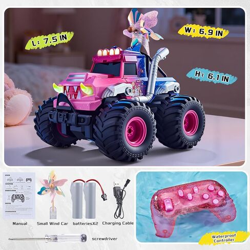 Remote Control Car for Girls, Waterproof Pink Monster Truck Toys W/Blocks & 360°Spin, 1:18 Amphibious RC Cars, 4WD All-Terrain RC Trucks, Christmas Birthday Gifts Pool Toys for Kids Age 3-12 in Saudi Arabia