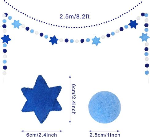 Whaline Hanukkah Felt Banner Hexagram Star Felt Garland Blue White Chanukah Pompom Party Decorative Hanging Bunting Banner for Home Wall Door Fireplace Party Supplies, 8.2Ft in Saudi Arabia