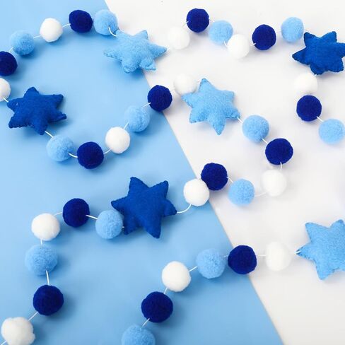 Whaline Hanukkah Felt Banner Hexagram Star Felt Garland Blue White Chanukah Pompom Party Decorative Hanging Bunting Banner for Home Wall Door Fireplace Party Supplies, 8.2Ft in Saudi Arabia