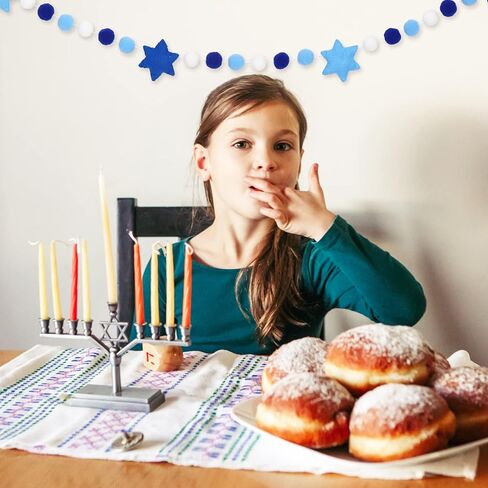 Whaline Hanukkah Felt Banner Hexagram Star Felt Garland Blue White Chanukah Pompom Party Decorative Hanging Bunting Banner for Home Wall Door Fireplace Party Supplies, 8.2Ft in Saudi Arabia