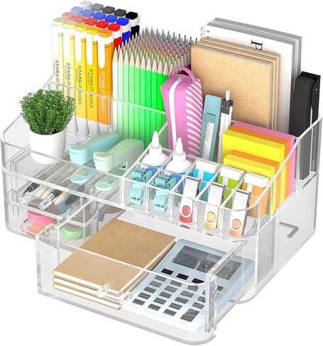 Acrylic Desk Organizer with 3 Drawer, Office Organizer, Multi-Functional Desk Caddy, Large Desktop Storage Box for Home, Cabinet, Bathroom, Office Art Supplies(Clear) in Saudi Arabia