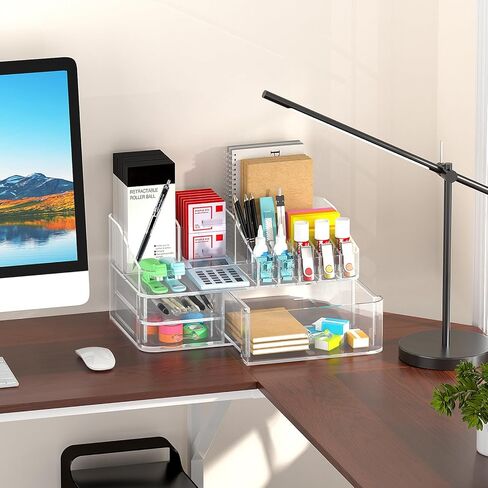 Acrylic Desk Organizer with 3 Drawer, Office Organizer, Multi-Functional Desk Caddy, Large Desktop Storage Box for Home, Cabinet, Bathroom, Office Art Supplies(Clear) in Saudi Arabia