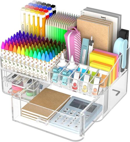 Acrylic Desk Organizer with 3 Drawer, Office Organizer, Multi-Functional Desk Caddy, Large Desktop Storage Box for Home, Cabinet, Bathroom, Office Art Supplies(Clear) in Saudi Arabia