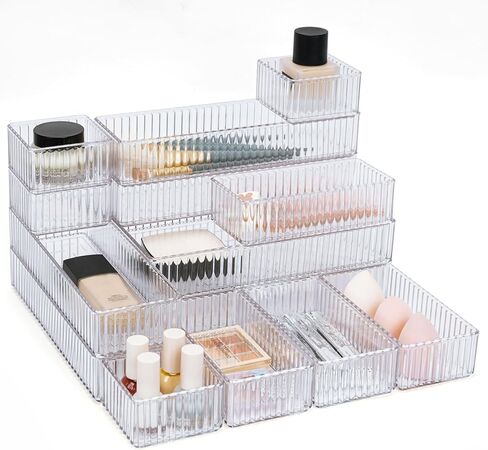 HOTOOLME 14PCS Clear Drawer Organizers Bins, 4 Size Clear Makeup Drawer Organizer, Stackable Vanity Drawer Organiser Trays, Bathroom Drawer Storage for Cosmetics, Office Supply in Saudi Arabia