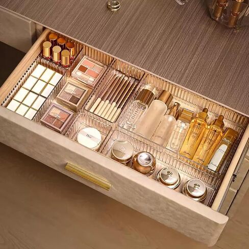 HOTOOLME 14PCS Clear Drawer Organizers Bins, 4 Size Clear Makeup Drawer Organizer, Stackable Vanity Drawer Organiser Trays, Bathroom Drawer Storage for Cosmetics, Office Supply in Saudi Arabia
