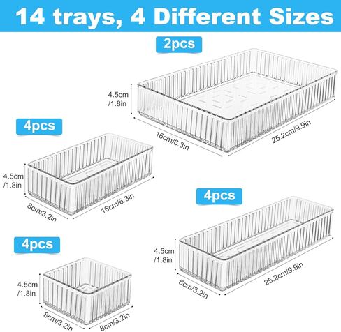 HOTOOLME 14PCS Clear Drawer Organizers Bins, 4 Size Clear Makeup Drawer Organizer, Stackable Vanity Drawer Organiser Trays, Bathroom Drawer Storage for Cosmetics, Office Supply in Saudi Arabia