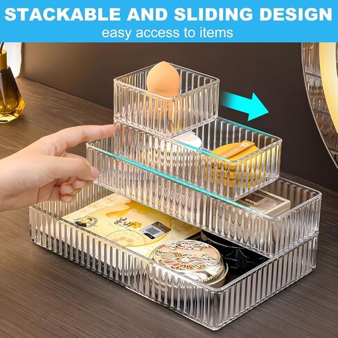 HOTOOLME 14PCS Clear Drawer Organizers Bins, 4 Size Clear Makeup Drawer Organizer, Stackable Vanity Drawer Organiser Trays, Bathroom Drawer Storage for Cosmetics, Office Supply in Saudi Arabia