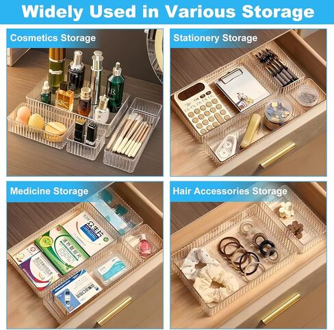 HOTOOLME 14PCS Clear Drawer Organizers Bins, 4 Size Clear Makeup Drawer Organizer, Stackable Vanity Drawer Organiser Trays, Bathroom Drawer Storage for Cosmetics, Office Supply in Saudi Arabia