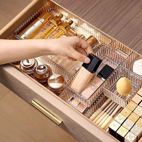 HOTOOLME 14PCS Clear Drawer Organizers Bins, 4 Size Clear Makeup Drawer Organizer, Stackable Vanity Drawer Organiser Trays, Bathroom Drawer Storage for Cosmetics, Office Supply in Saudi Arabia