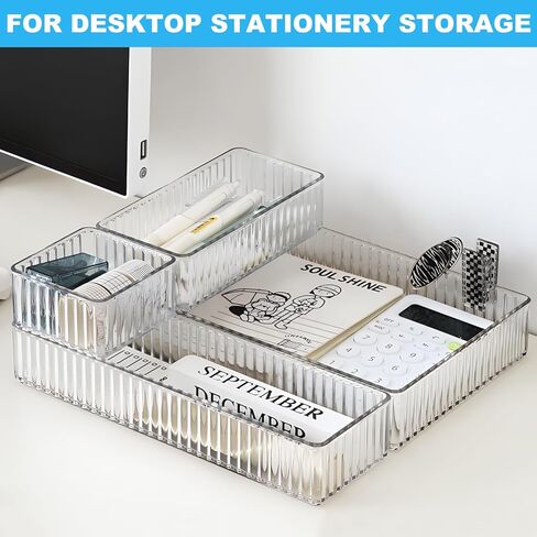 HOTOOLME 14PCS Clear Drawer Organizers Bins, 4 Size Clear Makeup Drawer Organizer, Stackable Vanity Drawer Organiser Trays, Bathroom Drawer Storage for Cosmetics, Office Supply in Saudi Arabia