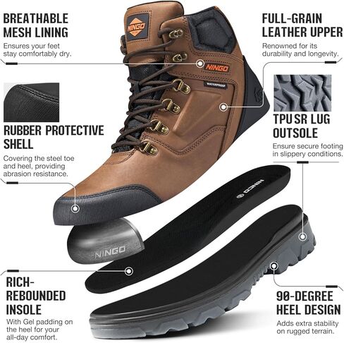 Mens Steel Toe Work Boots, Waterproof Heavy-Duty Safety Boots with TPU Protective Shell, Oil & Slip Resistant, Round Toe Construction Boots with Breathable Lining, EH Protection, for Industrial in Kuwait