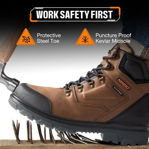 Mens Steel Toe Work Boots, Waterproof Heavy-Duty Safety Boots with TPU Protective Shell, Oil & Slip Resistant, Round Toe Construction Boots with Breathable Lining, EH Protection, for Industrial in Kuwait