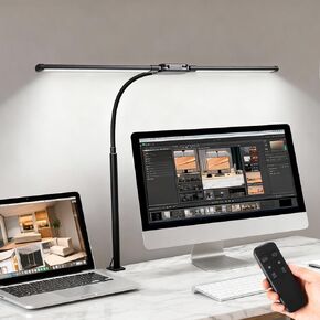 LED Desk Lamp with Clamp, Double Head Adjustable Architect Light, Eye-Caring Monitor Desk Lamp for Home Office, Flexible Gooseneck Task Lamp with 10 Brightness Levels & 5 Color Temperature Modes Black in Saudi Arabia