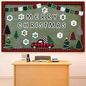 Maitys 72 Pcs Merry Christmas Bulletin Board Decorations Set Christmas Classroom Decorations Tree Red Truck with Snowflake Photo Frame Cutout December Winter Bulletin Board for Holiday School in Saudi Arabia
