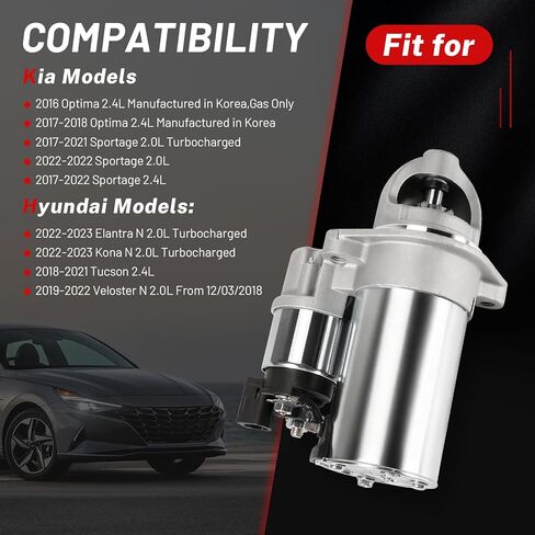 361002G300 محرك بداية جديد مناسب لكيا أوبتيما 2016-2018 سبورتاج 2017-2022 2.0L/2.4L ؛ هيونداي إلنترا/كونا N 2022-2023، فيلوستر N 2019-2022، توسان 2018-2021 L4 12V 1.2KW CW in Kuwait