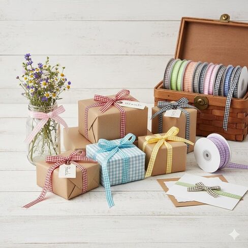 Plaid Ribbon 10 Color 250 Yards Gingham Ribbon 3/8" X 25Yd/Roll Variety Pack, Roll Assorted Spring Easter Plaid Ribbon for Crafts, Gift Wrapping in Saudi Arabia