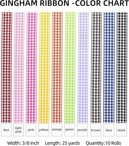 Plaid Ribbon 10 Color 250 Yards Gingham Ribbon 3/8" X 25Yd/Roll Variety Pack, Roll Assorted Spring Easter Plaid Ribbon for Crafts, Gift Wrapping in Saudi Arabia