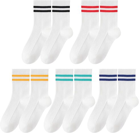 SailingTailor 5 Pairs Solid Color Two Stripe Crew Socks Casual Athletic Socks for women Girls in Kuwait