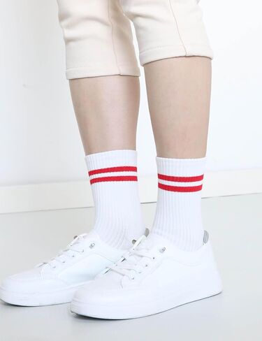 SailingTailor 5 Pairs Solid Color Two Stripe Crew Socks Casual Athletic Socks for women Girls in Kuwait