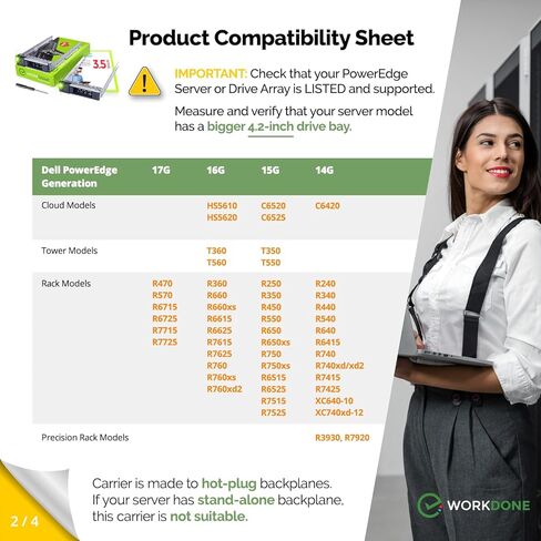 WORKDONE 4-Pack 3.5" LFF Carrier - fits Dell PowerEdge 17-14th Gen Y796F | Only for bigger 4.2" Wide Hot-Swap Bay, R250 R350 T350 R450 T550 R550 R650xs R750xs R6515 R6525 R7515, Labels, Manual, Screws in Kuwait