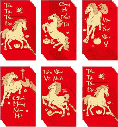 36 PCS Vietnamese Red Envelopes 2026 Hong Bao Li Xi Lunar the Year of Horse Red Pocket Envelope Lucky Money Packets for Spring Festival(3.5 x 6.7 inch,6 Patterns) in Saudi Arabia