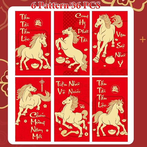 36 PCS Vietnamese Red Envelopes 2026 Hong Bao Li Xi Lunar the Year of Horse Red Pocket Envelope Lucky Money Packets for Spring Festival(3.5 x 6.7 inch,6 Patterns) in Saudi Arabia