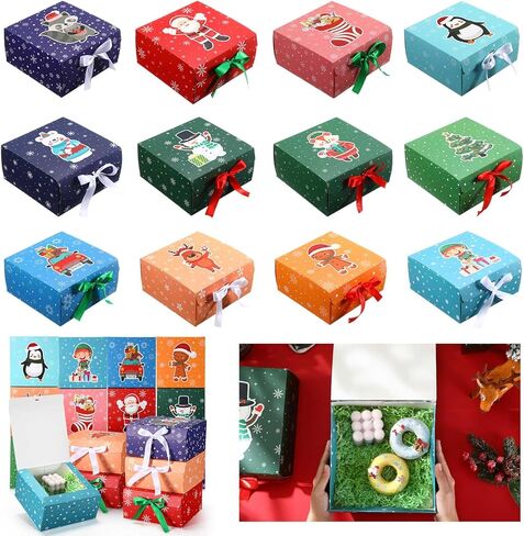 24 حزمة من علب هدايا عيد الميلاد من eersida مع أغطية مجمعة مقاس 8 × 8 × 4 بوصات لهدايا عيد الميلاد مع قوس عيد الميلاد المزخرف وصناديق هدايا كبيرة وصناديق هدايا فارغة لعطلة عيد الميلاد، 12 تصميمًا in Kuwait