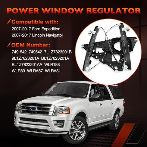 منظم نوافذ كهربائي أمامي يسار جانب السائق مع لوحة بدون محرك - متوافق مع 2007-2017 Ford Expedition وLincoln Navigator - استبدل 749-542 7L1Z7823201B 9L1Z7823201A in Kuwait