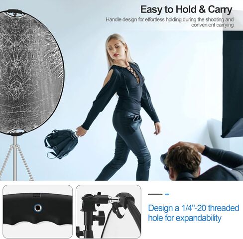 WELLMAKING 32 Inch (80cm) Reflector Photography, Collapsible Light Reflector with Bag & tilt Adapter, 5 in 1 Handle Reflector for Studio & Outdoor Lighting -Translucent, Silver, Gold, White and Black in Kuwait