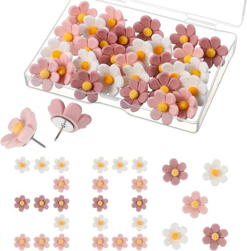 30Pcs Flower Push Pins, Cute Thumb Tacks for Cork Board, Pink Decorative Push Pins for Bulletin Boards Cardboard Map Hanging Posters Photo Wall Decorations, Office, School or Home (Pink White) in Saudi Arabia