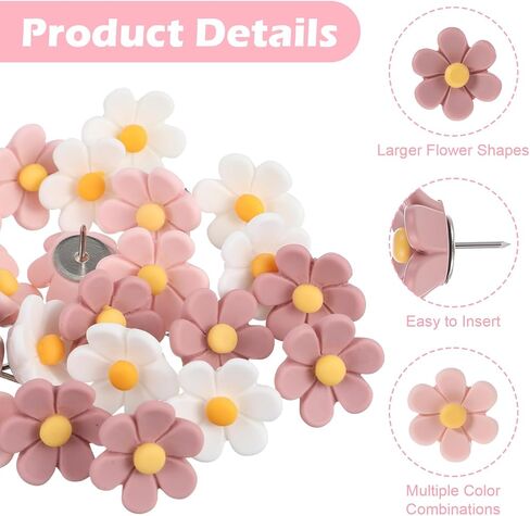 30Pcs Flower Push Pins, Cute Thumb Tacks for Cork Board, Pink Decorative Push Pins for Bulletin Boards Cardboard Map Hanging Posters Photo Wall Decorations, Office, School or Home (Pink White) in Saudi Arabia