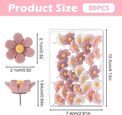 30Pcs Flower Push Pins, Cute Thumb Tacks for Cork Board, Pink Decorative Push Pins for Bulletin Boards Cardboard Map Hanging Posters Photo Wall Decorations, Office, School or Home (Pink White) in Saudi Arabia