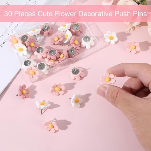 30Pcs Flower Push Pins, Cute Thumb Tacks for Cork Board, Pink Decorative Push Pins for Bulletin Boards Cardboard Map Hanging Posters Photo Wall Decorations, Office, School or Home (Pink White) in Saudi Arabia