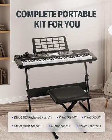 Donner Keyboard Piano, 61 Key Piano Keyboard for Beginner/Professional, Electric Keyboard Kit with 249 Voices, 249 Rhythms - Includes Music Stand, Microphone, Black (DEK-610S) in Kuwait