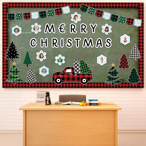 Maitys 72 Pcs Merry Christmas Bulletin Board Decorations Set Christmas Classroom Decorations Tree Red Truck with Snowflake Photo Frame Cutout December Winter Bulletin Board for Holiday School in Saudi Arabia
